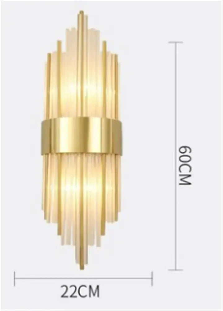 Gold-toned modern wall sconce with vertical glass rods and central metallic band in DecorBites black gold crystal design