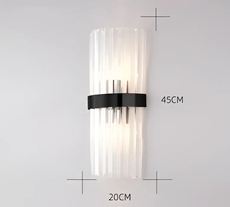 Modern decorbites black gold crystal wall light with clear ribbed glass panels and sleek black metal band for bedroom use