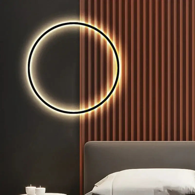 Decorbites black gold sleek black circular dimmable led wall light with usb plug mounted on wood-paneled wall