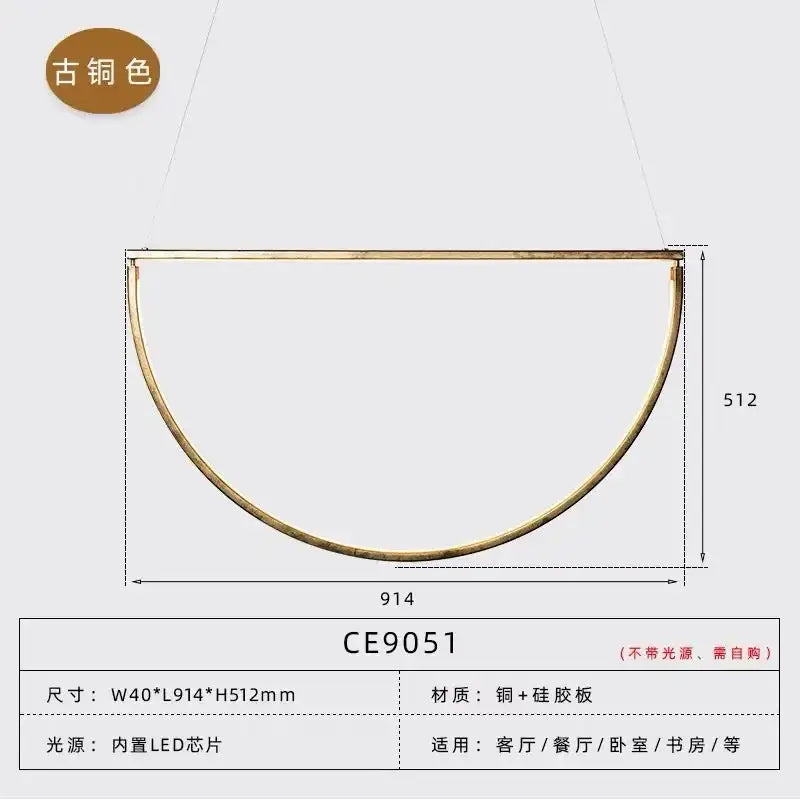 Antique brass half-moon pendant light with copper and silicone board in decorbites black gold geometric led chandelier design