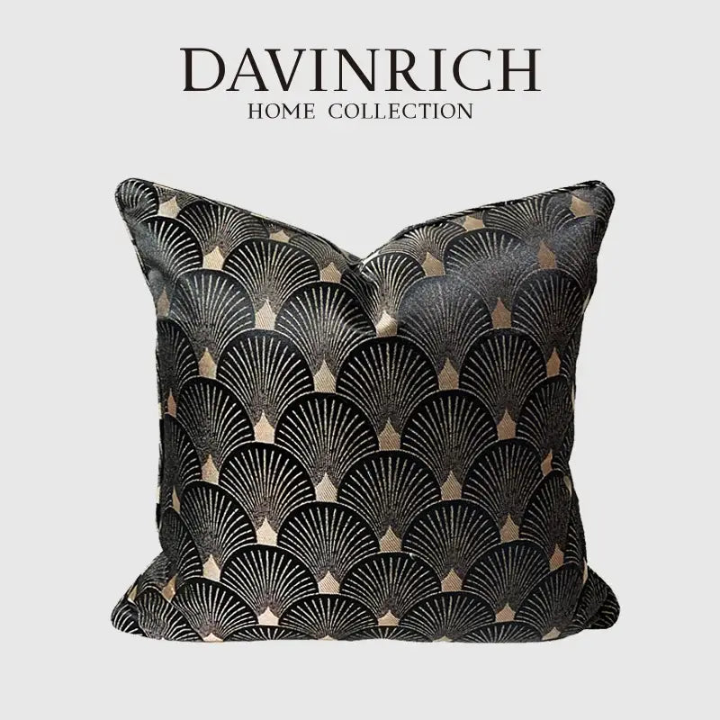 Black and gold art deco patterned throw pillow case from davinrich home collection for stylish home decor