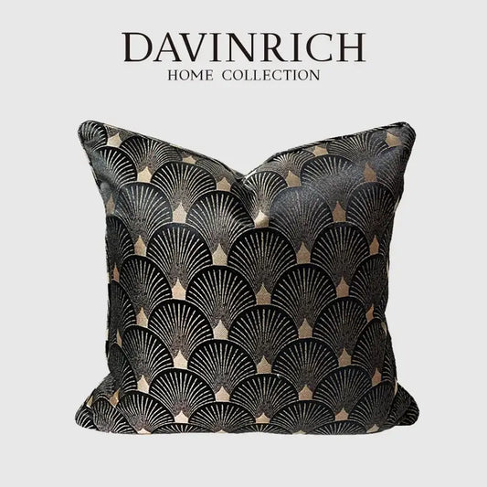 Black and gold art deco patterned throw pillow case from davinrich home collection for stylish home decor