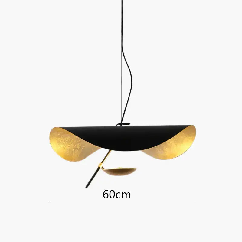 Decorbites black gold pendant light with sleek black disc and curved golden leaf elements in retro Nordic LED design