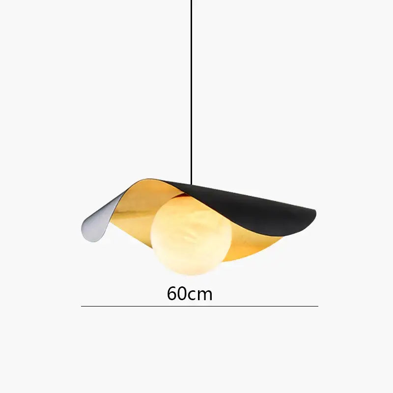 A modern DecorBites black gold pendant light with sleek curved metal shades and a warm-toned glass ball bulb