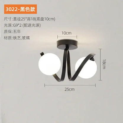 DecorBites black gold glass ceiling light with black wrought iron frame and two white spherical bulbs for indoor use