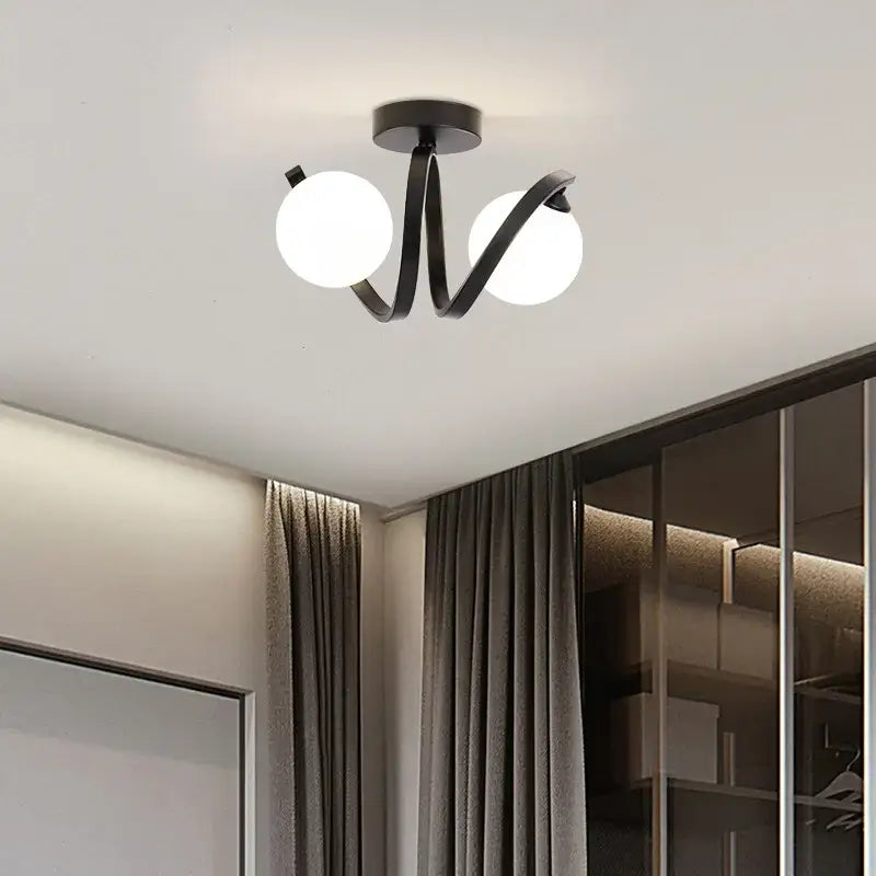 Modern black metal decorbites black gold glass ceiling light with two white spherical bulbs for entryway or balcony lighting