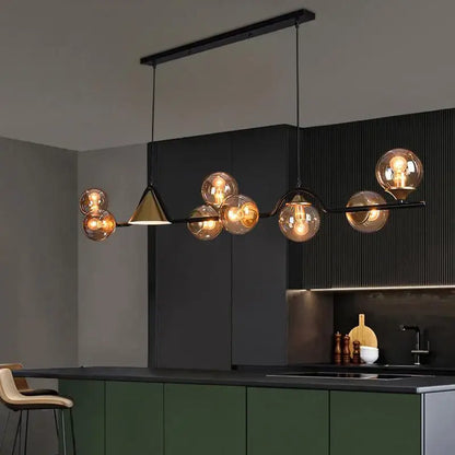 DecorBites black gold glass chandelier with modern black metal frame spherical amber bulbs and geometric triangular accent