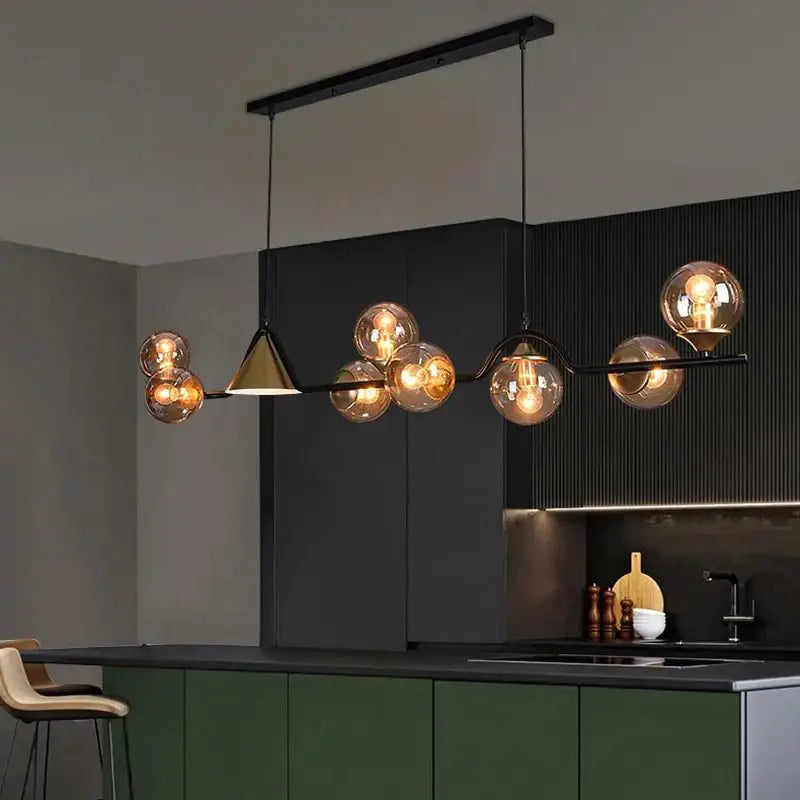 DecorBites black gold glass chandelier with modern black metal frame spherical amber bulbs and geometric triangular accent