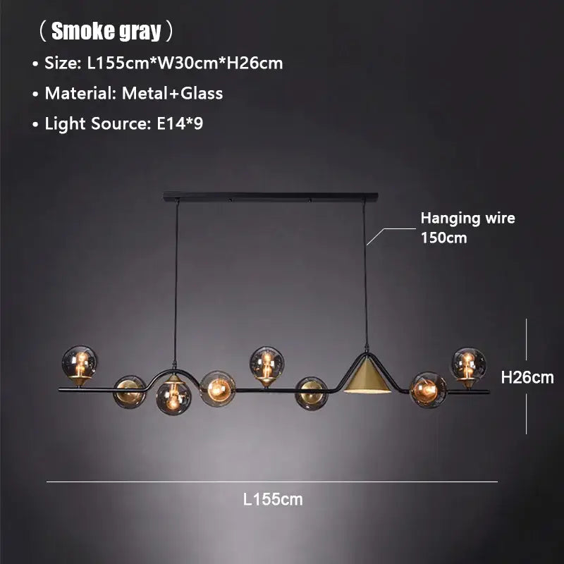 Smoke gray decorbites black gold glass chandelier with sleek metal frame, glass globe bulbs, and brass conical shade