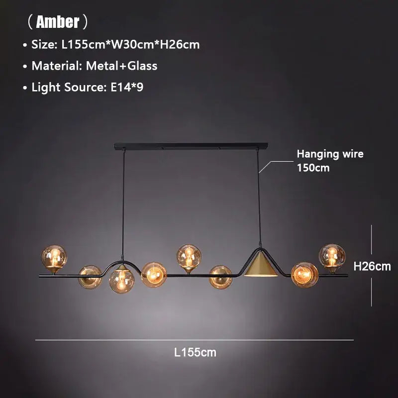Amber-colored decorbites black gold glass chandelier pendant light with sleek black metal frame and glowing globe bulbs