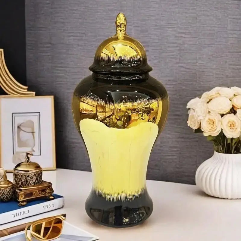 Decorbites black gold gradated ceramic ginger jar with glossy black and gold finish and vibrant yellow gradient design