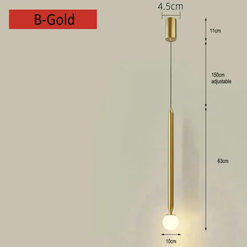 Decorbites black gold pendant light featuring a sleek cylindrical stem and spherical glass bulb for bedroom sconces