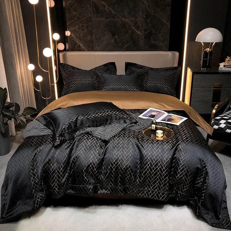 Decorbites black gold egyptian cotton bedding set with black satin-like fabric and subtle gold geometric pattern