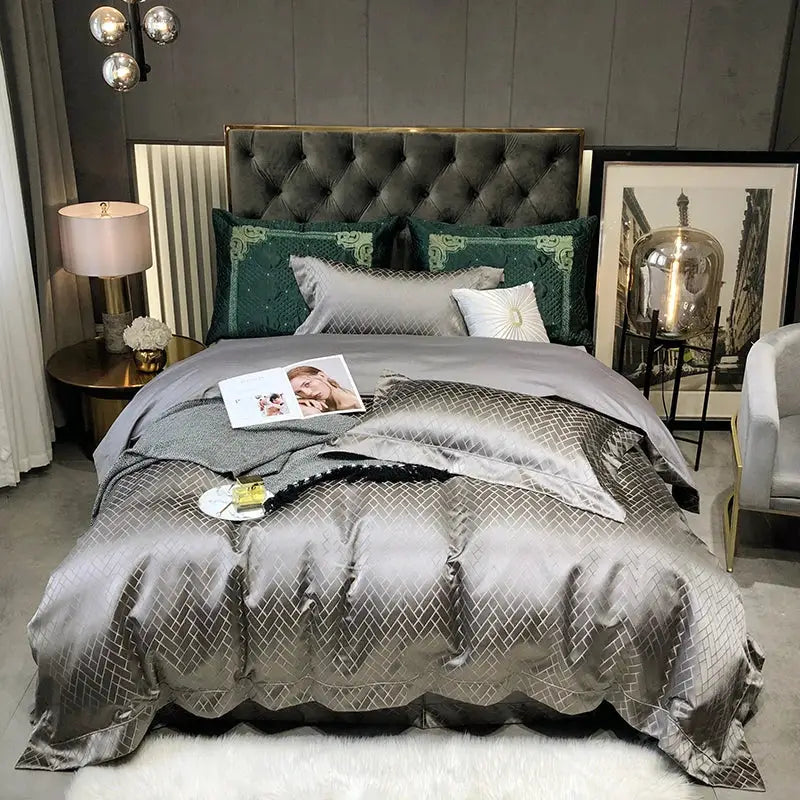 Silver satin duvet set with subtle geometric pattern from decorbites black gold egyptian cotton bedding set 4pcs