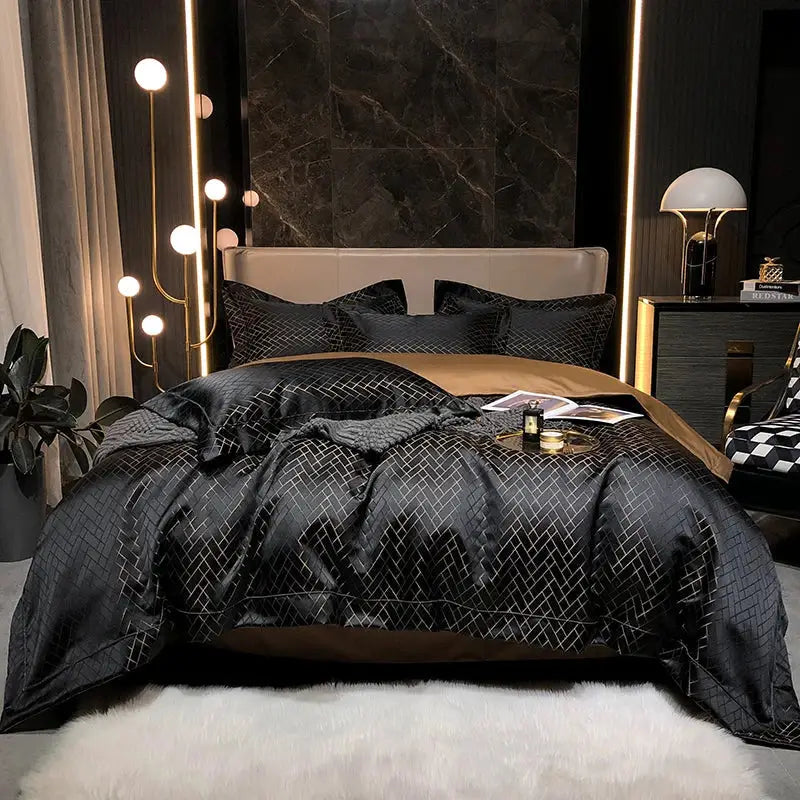 Decorbites black gold jacquard egyptian cotton bedding set with black satin duvet cover and subtle gold geometric pattern