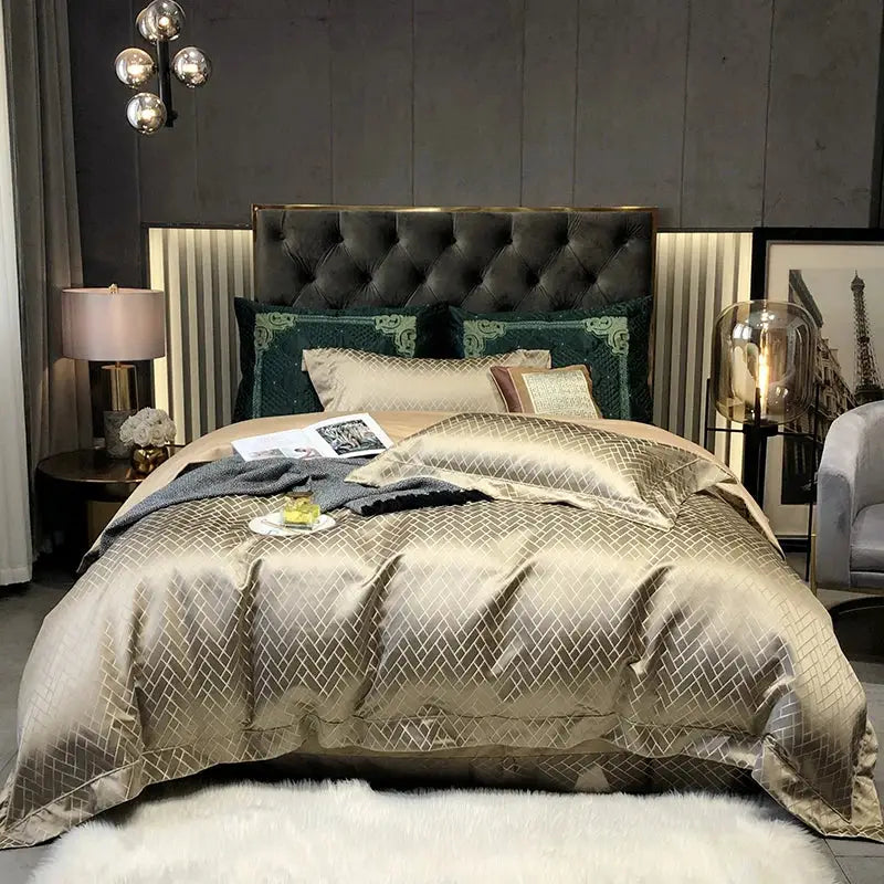 Luxurious decorbites black gold egyptian cotton bedding set with gold satin duvet cover and subtle geometric pattern