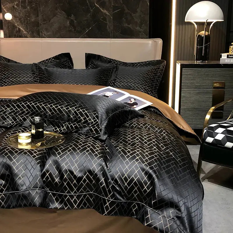 Decorbites black gold 4pcs bedding set featuring black satin duvet cover with gold geometric lattice pattern in egyptian cotton