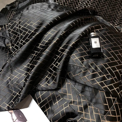 Black satin fabric with subtle gold geometric grid pattern for decorbites black gold egyptian cotton bedding set