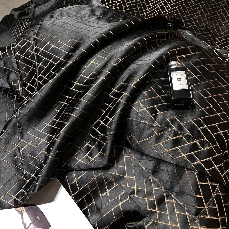 Black satin fabric with subtle gold geometric grid pattern for decorbites black gold egyptian cotton bedding set