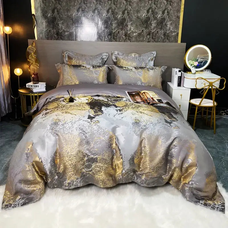 Luxury gray and gold marble-patterned satin duvet set with metallic accents from decorbites black gold egyptian cotton bedding set