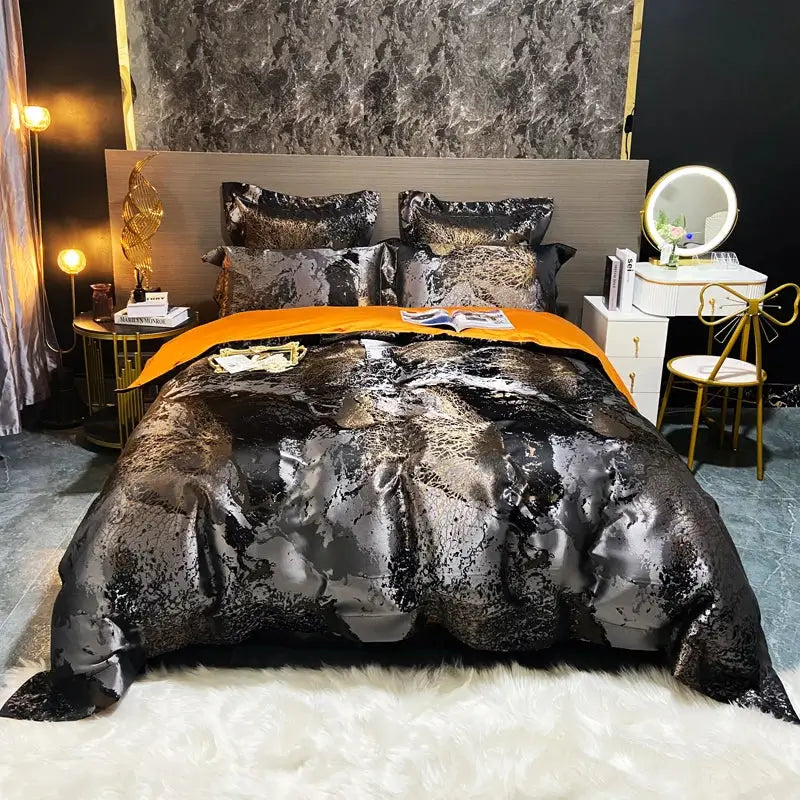 Black and gold metallic duvet cover bedding set with luxurious textured jacquard pattern in Egyptian cotton by DecorBites Black Gold