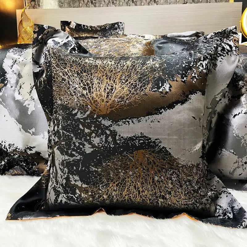 Decorbites black gold jacquard satin pillowcase with black and gold abstract tree pattern in egyptian cotton bedding set
