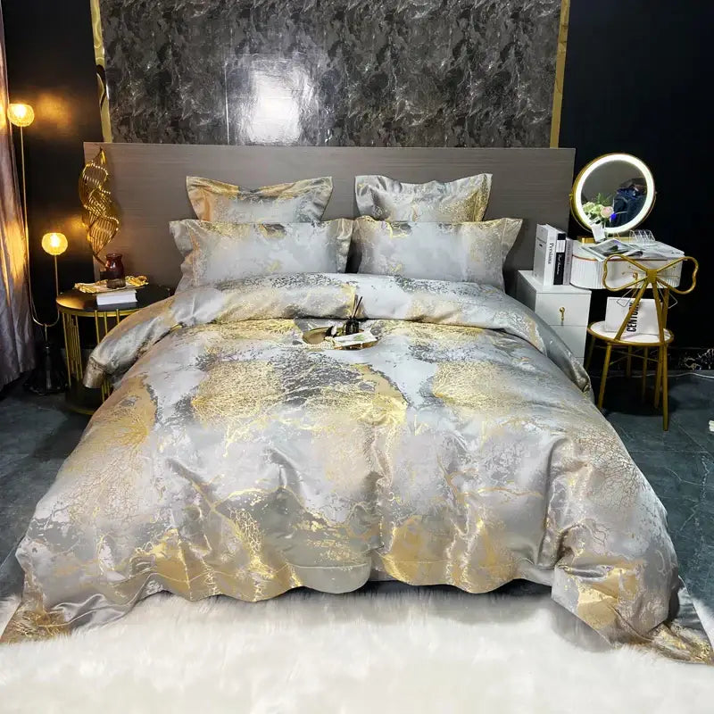 Luxury decorbites black gold jacquard egyptian cotton bedding set with silver and gold metallic abstract pattern