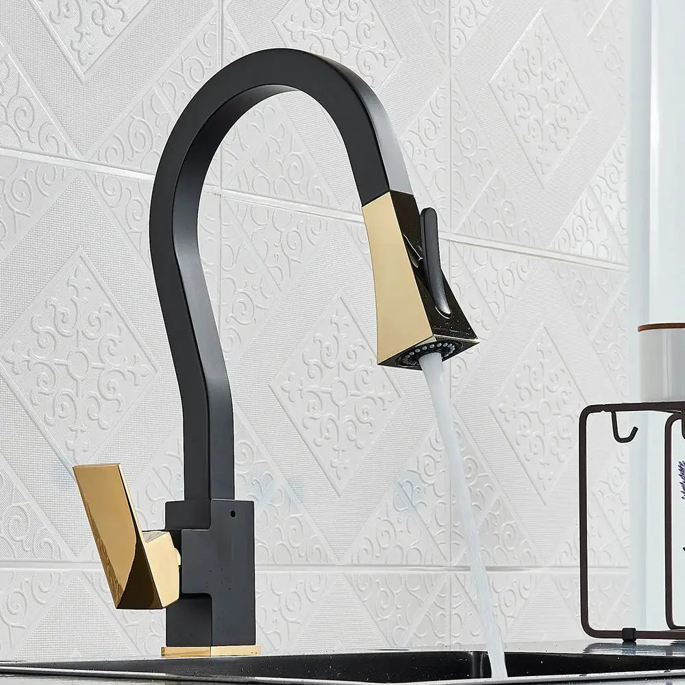 Decorbites black gold kitchen faucet with sleek curved spout and flexible pull down spray head in black gold finish