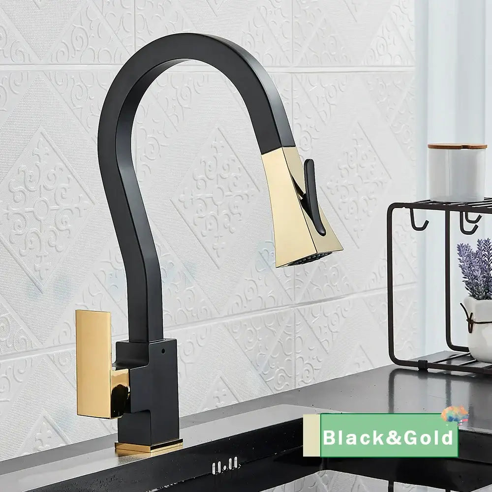 DecorBites black gold kitchen faucet with sleek curved spout and flexible pull-down spray head in black and gold finish