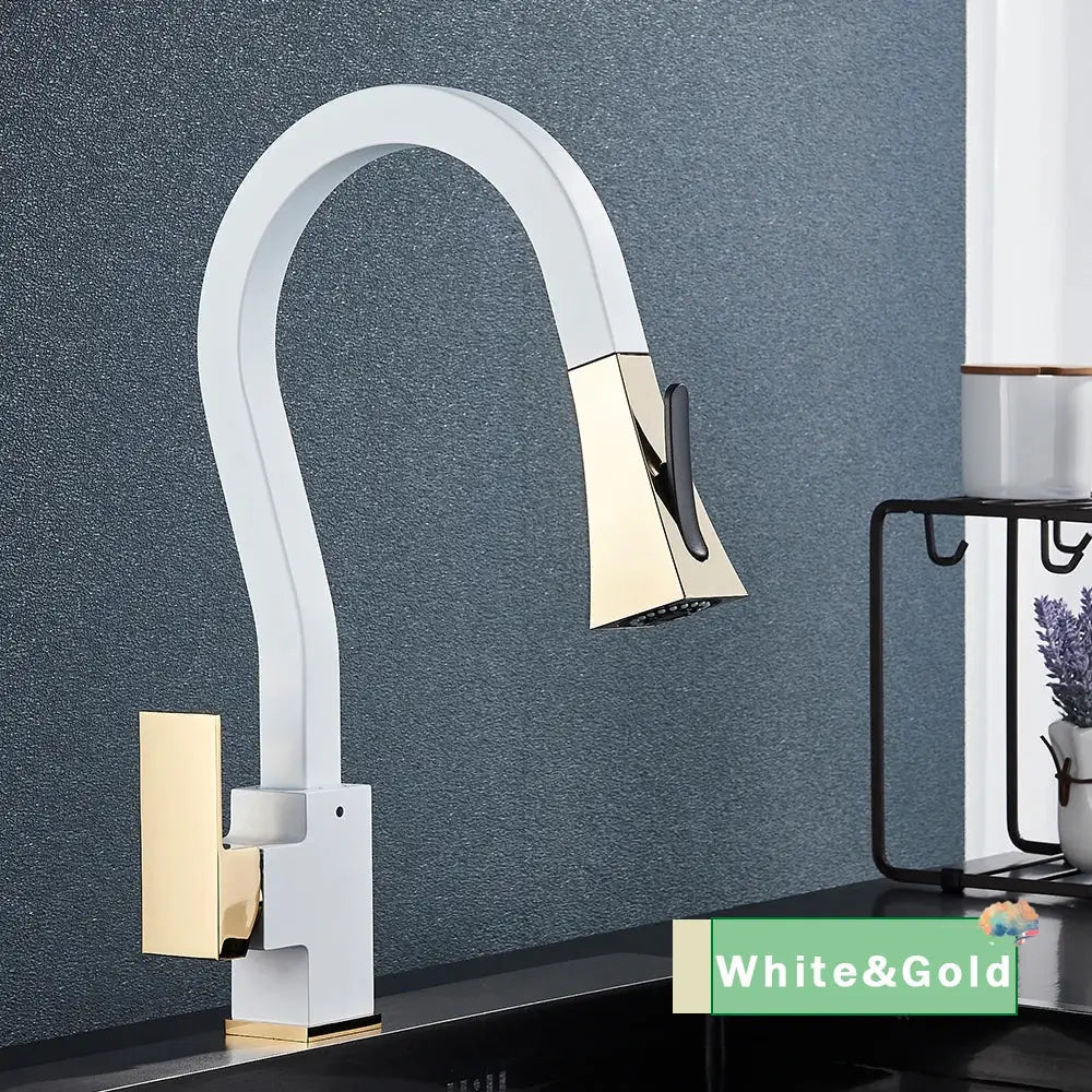 White and gold decorbites black gold kitchen faucet with sleek curved spout and rectangular handle with pull down sprayer