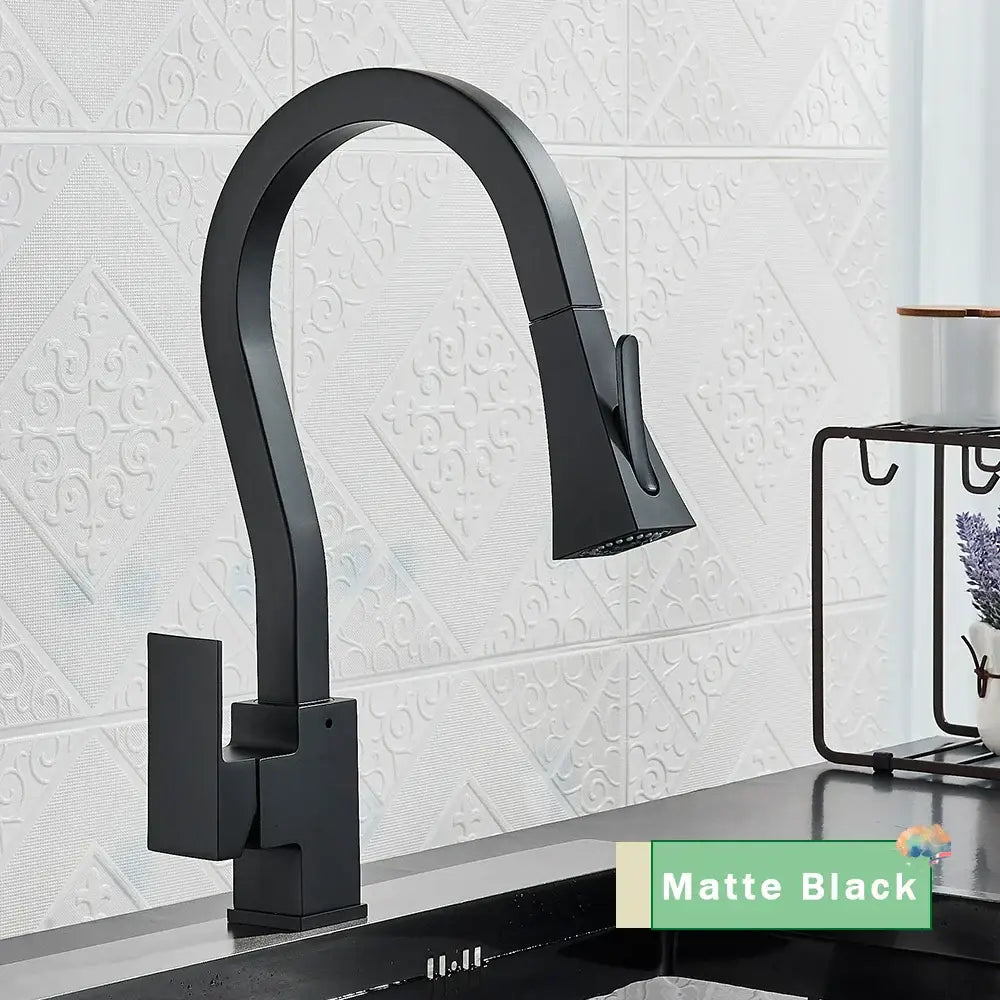 Matte black DecorBites black gold kitchen faucet with sleek curved spout and flexible pull down spray head