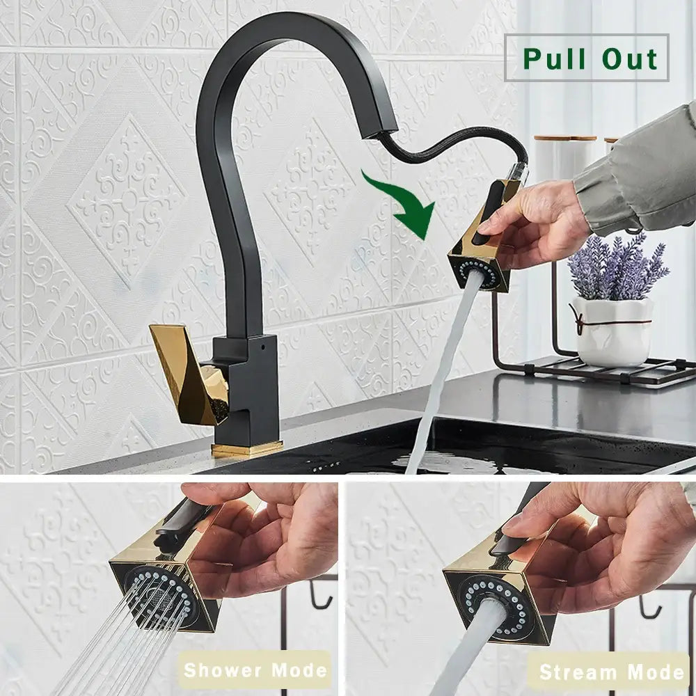 Decorbites black gold kitchen faucet with flexible pull down sprayer and multiple spray modes in sleek modern design