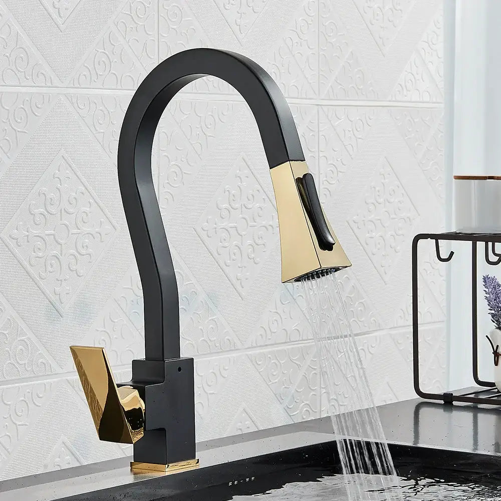 DecorBites black gold kitchen faucet with flexible pull down sprayer and sleek curved two-tone black gold design