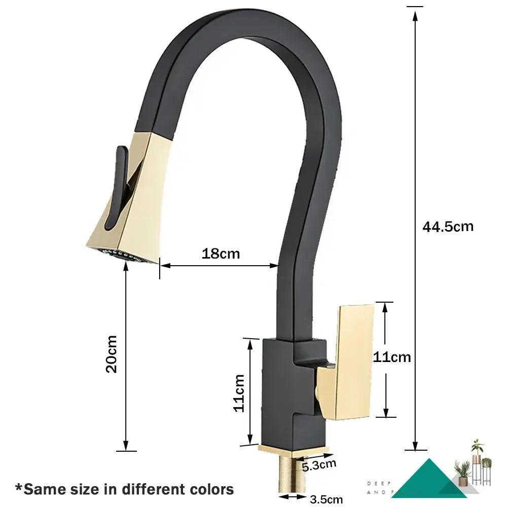 Modern two-tone decorbites black gold kitchen faucet with sleek arched spout and flexible pull down sprayer