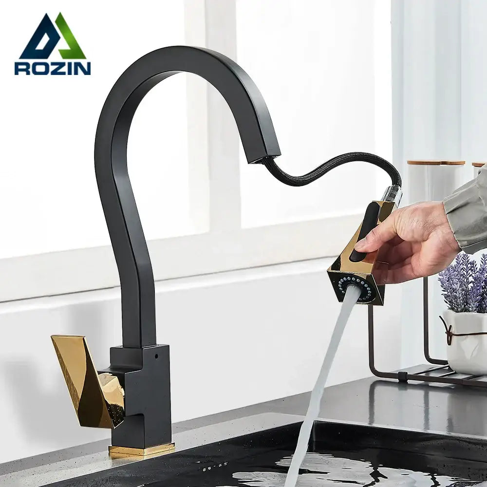 Decorbites black gold kitchen faucet with curved spout, pull-out spray head, and brushed metal finish for modern kitchens