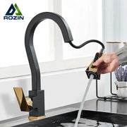 Decorbites black gold kitchen faucet with curved spout, pull-out spray head, and brushed metal finish for modern kitchens