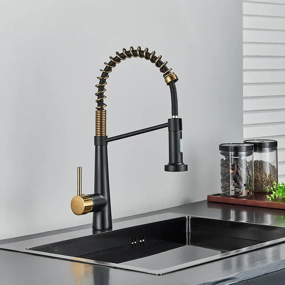 Decorbites black gold kitchen faucet with pull down sprayer featuring a coiled spring spout in black gold finish