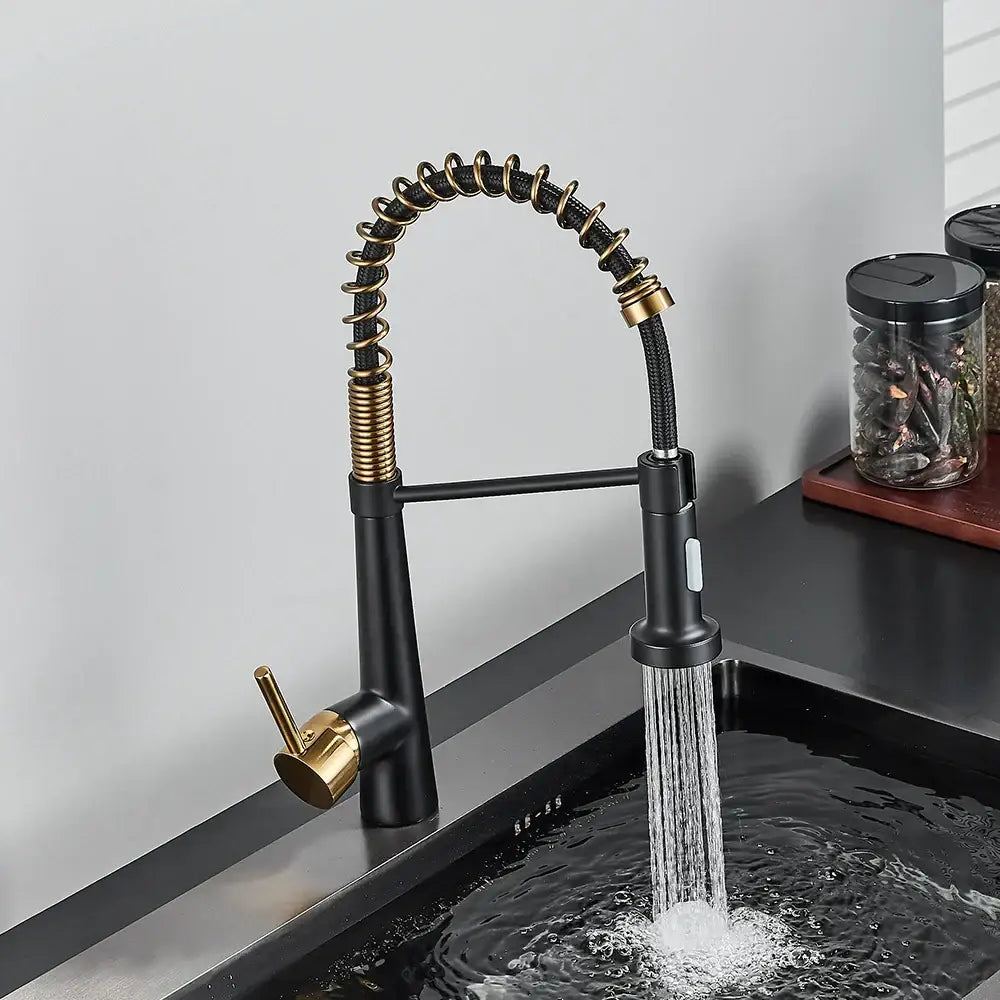 DecorBites black gold kitchen faucet with pull down sprayer and coiled flexible hose for modern kitchen use