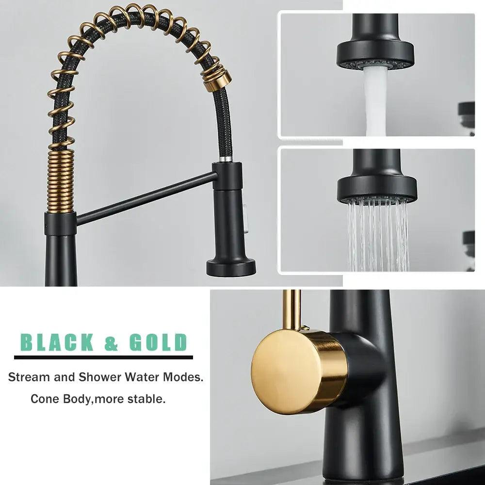 DecorBites black gold kitchen faucet with pull down sprayer features flexible coiled hose and dual water modes