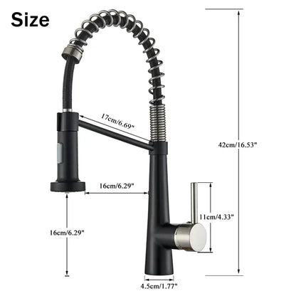 Decorbites black gold kitchen faucet with black matte flexible coiled spring neck and brushed stainless steel handle