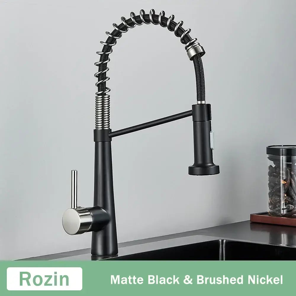 Matte black and brushed nickel decorbites black gold kitchen faucet with flexible coiled gooseneck spout and pull down sprayer