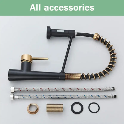 DecorBites black gold kitchen faucet with black matte finish gold accents and flexible braided pull down sprayer hose