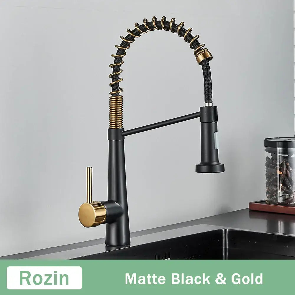 Matte black and gold decorbites black gold kitchen faucet with flexible coiled hose and pull down sprayer sleek design