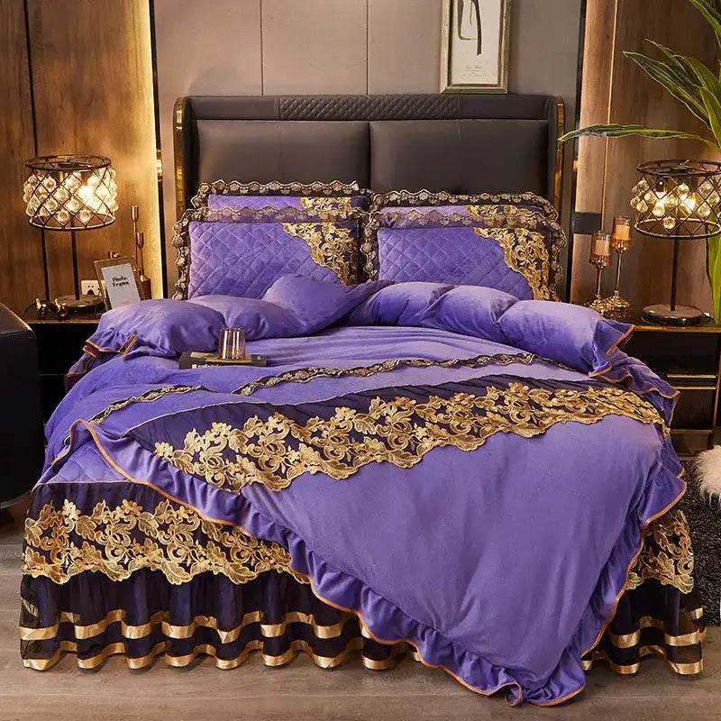 Purple velvet duvet set with black gold lace trim and quilted embroidery from decorbites black gold collection
