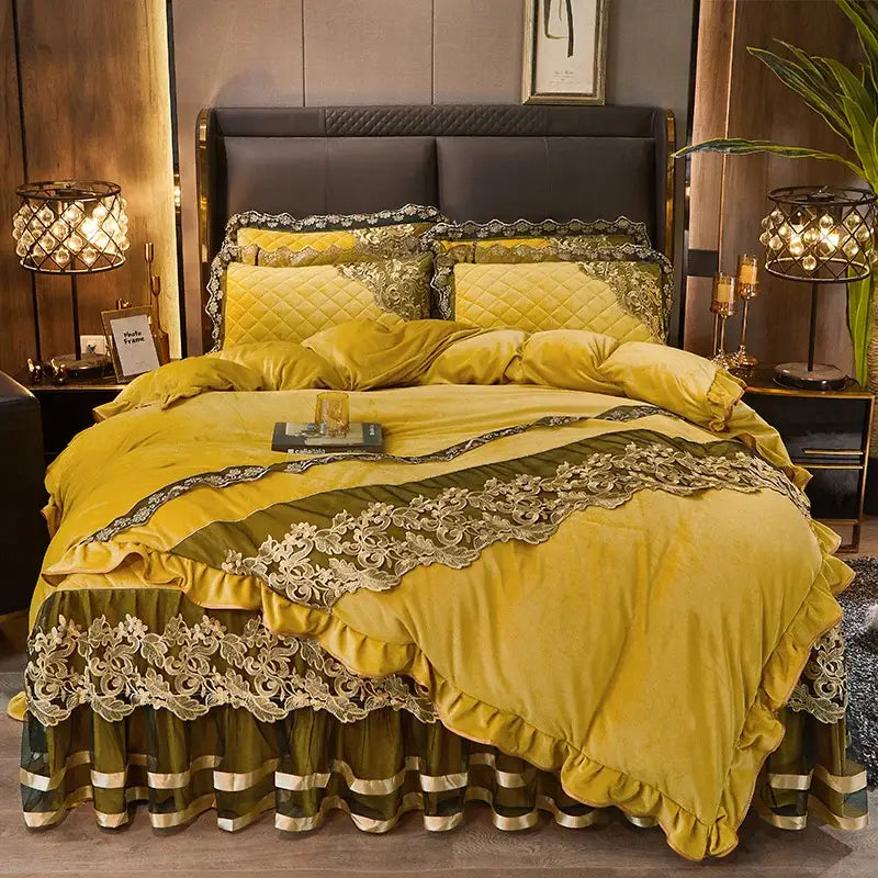 Golden-yellow velvet duvet set with black gold lace trim and quilted embroidery by decorbites black gold