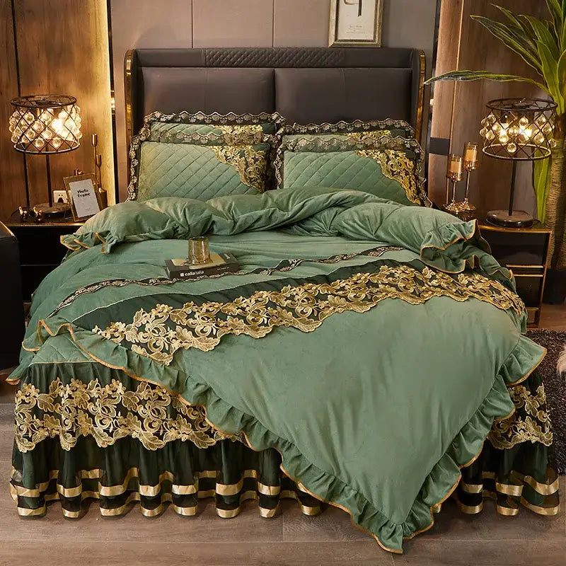 Elegant emerald green velvet duvet set with black gold lace and ruffled edges from decorbites black gold collection