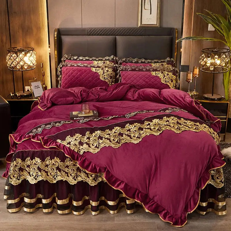 Deep burgundy decorbites black gold lace velvet duvet set with quilted embroidery and ruffled edges