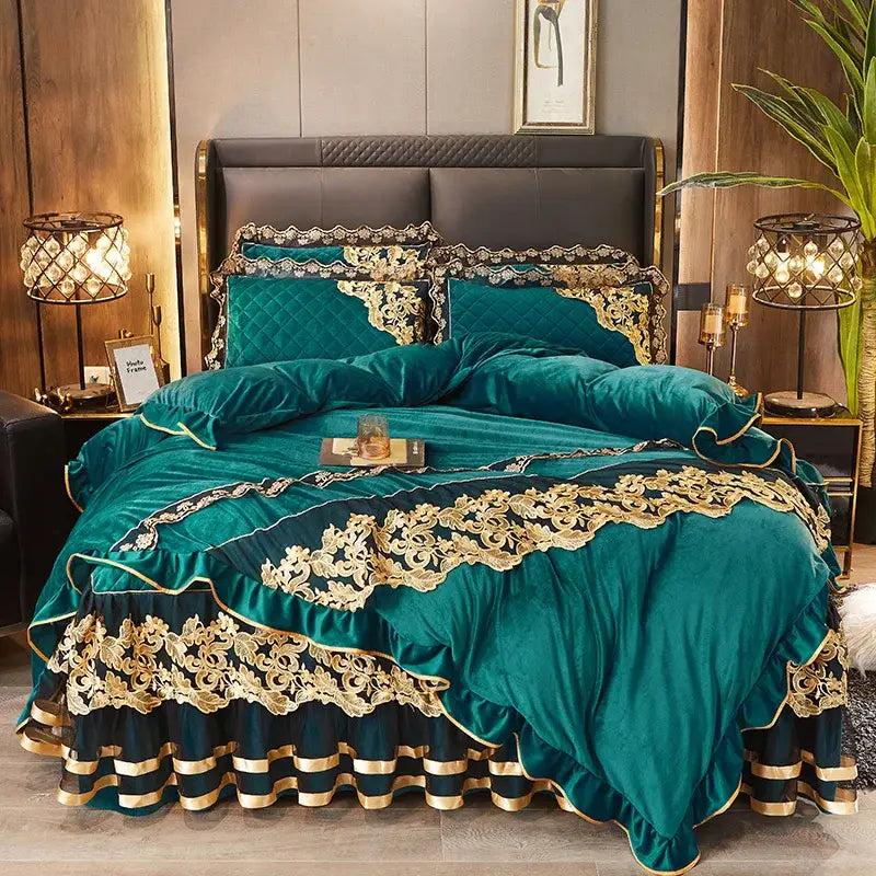 Emerald green velvet decorbites black gold lace duvet set with gold lace trim and ruffled edges luxury bedding