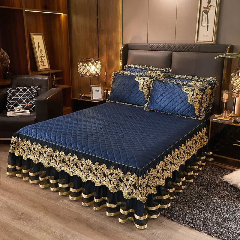 Deep blue quilted velvet duvet set with intricate gold lace trim and ruffled edges from decorbites black gold lace collection