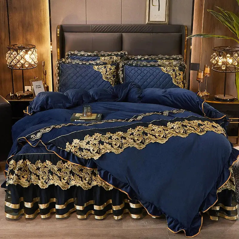 Luxurious navy blue quilted duvet set with intricate black gold lace and ruffled edges by decorbites black gold lace